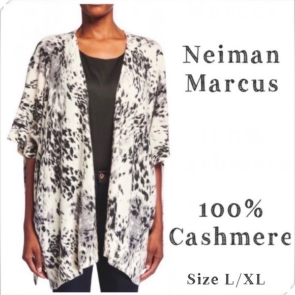 NEIMAN Marcus 100% Cashmere Leopard Open Front Cape Shrugs Cardigan Size L/XL - Picture 1 of 7